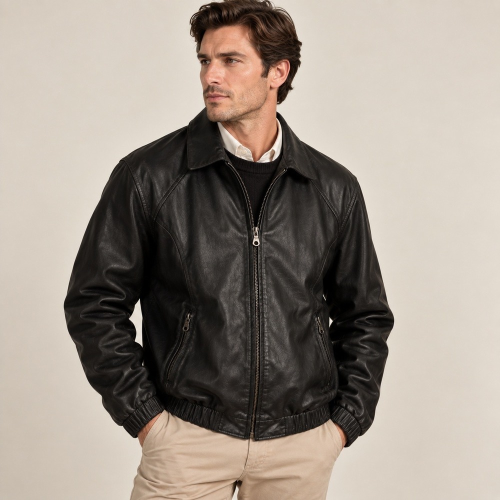Preston & York Leather Jacket Mens M Black Zip Front Bomber Coat Retro Classic